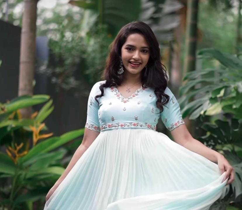 Blue Georgette Anarkali Suit/Hand Embroidered Anarkali Dress/ice blue anarkali kurta/simple anarkali dress/festive outfit/handwork kurta usa
