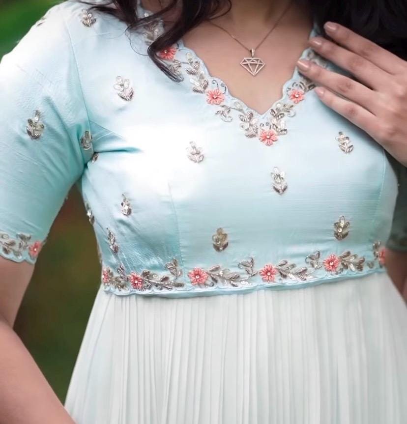 Blue Georgette Anarkali Suit/Hand Embroidered Anarkali Dress/ice blue anarkali kurta/simple anarkali dress/festive outfit/handwork kurta usa
