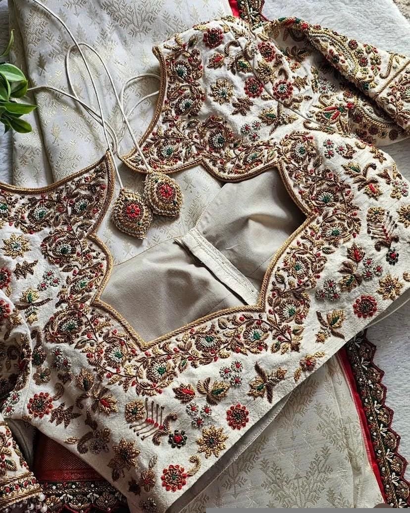 pure silk hand embroidery blouse/cream saree maggam blouse/raw silk zardosi blouse/hand embroidered blouse/cream ready made blouse zardosi