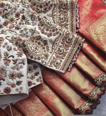 pure silk hand embroidery blouse/cream saree maggam blouse/raw silk zardosi blouse/hand embroidered blouse/cream ready made blouse zardosi