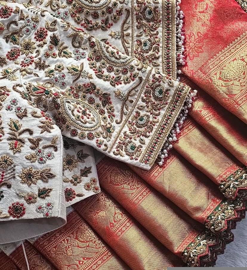 pure silk hand embroidery blouse/cream saree maggam blouse/raw silk zardosi blouse/hand embroidered blouse/cream ready made blouse zardosi