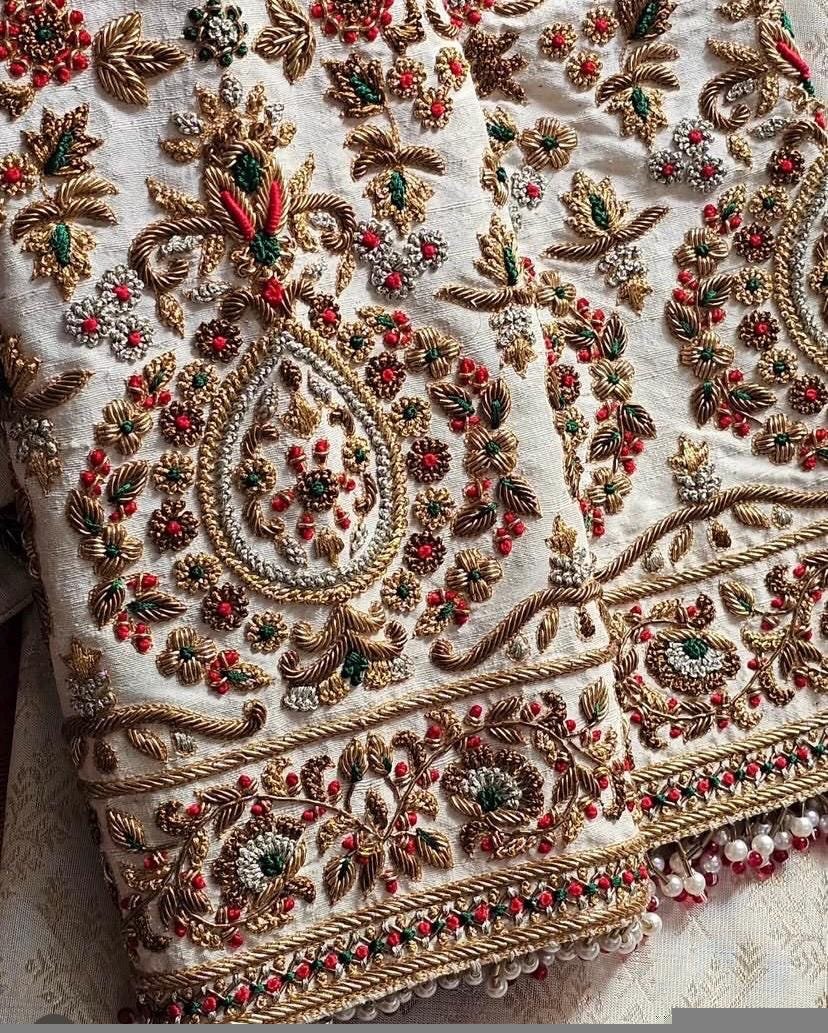 pure silk hand embroidery blouse/cream saree maggam blouse/raw silk zardosi blouse/hand embroidered blouse/cream ready made blouse zardosi