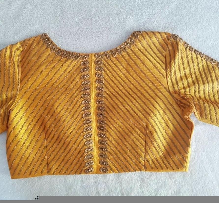 Yellow hand embroidery blouse/orange saree maggam blouse/yellow zardosi blouse/hand embroidered blouse/ready made blouse/hand work blouses