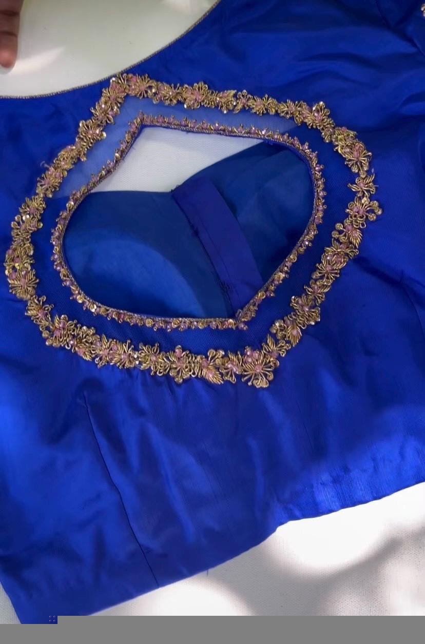 Blue Silk Hand Embroidered Blouse: Zardosi Maggam hand Work, blue maggam blouse,mix and match blosue,plus size blouse,royal blue blouse usa,