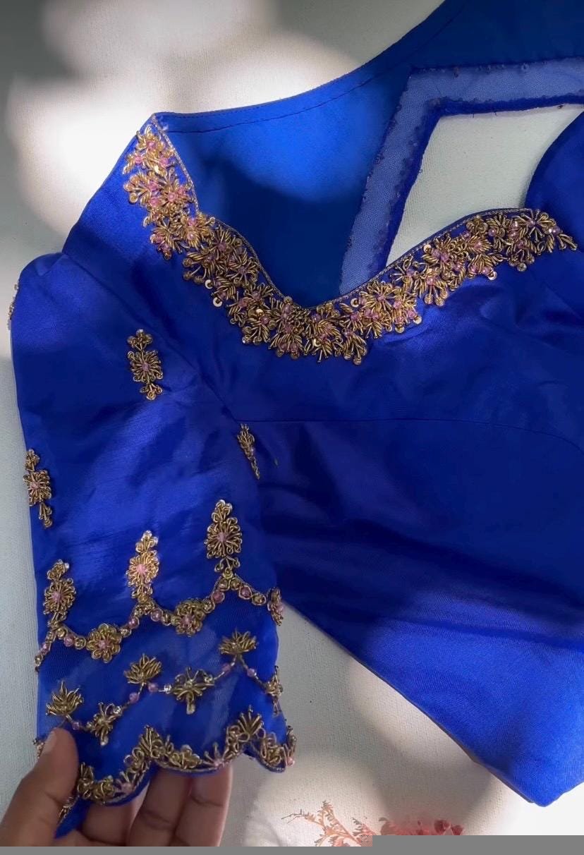 Blue Silk Hand Embroidered Blouse: Zardosi Maggam hand Work, blue maggam blouse,mix and match blosue,plus size blouse,royal blue blouse usa,