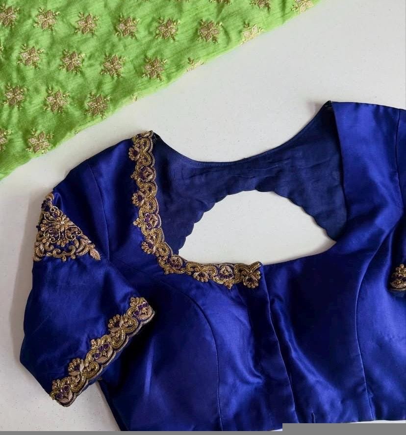 Blue Silk Hand Embroidered Blouse: Zardosi Maggam hand Work, blue maggam blouse,mix and match blosue,plus size blouse,royal blue blouse usa,