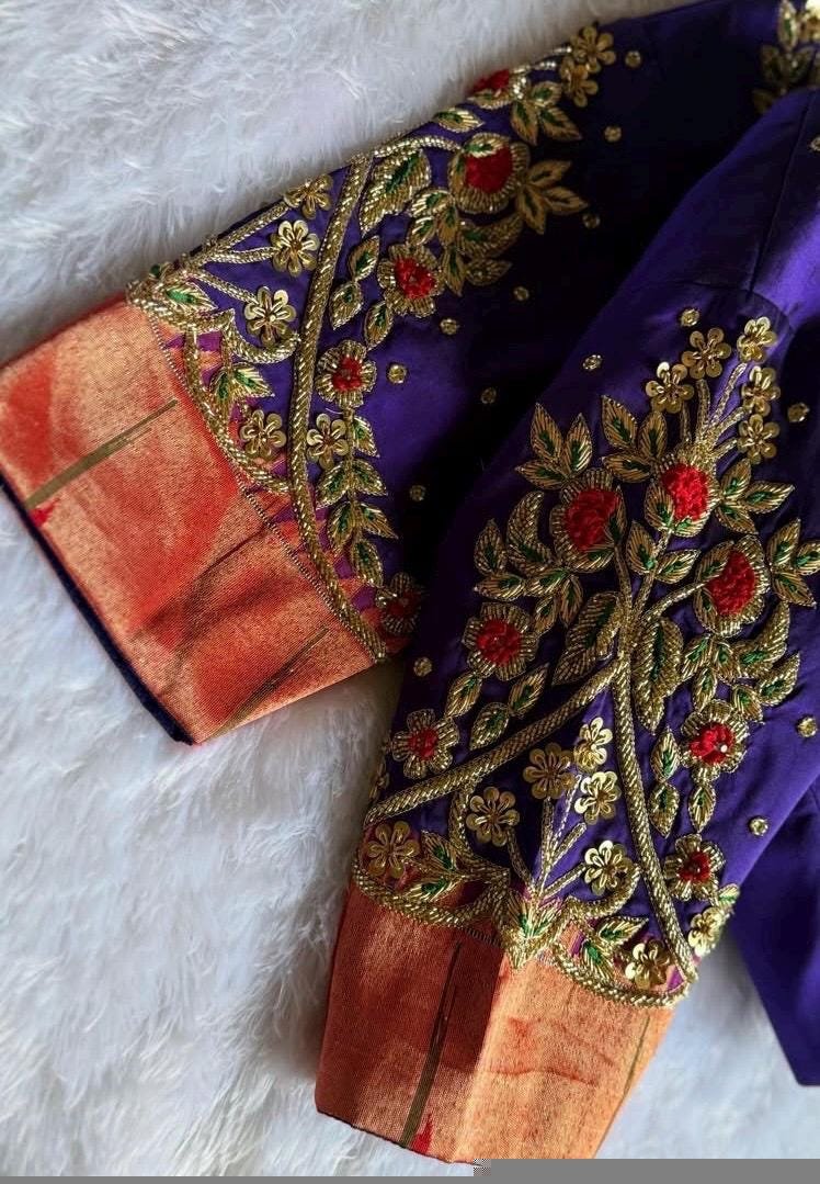 pure silk hand embroidery blouse/saree maggam blouse/purple zardosi blouse usa/hand embroidered moderblouse/purple ready made blouse zardosi