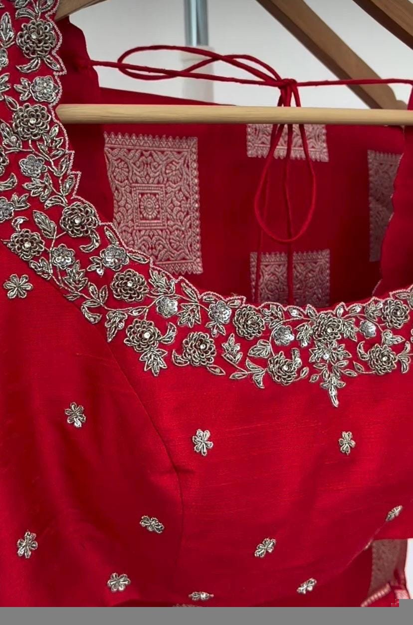 Red Silk Zardosi Embroidered Saree Blouse: Hand-Embroidered Maggam Work,red saree blouse,plus size blouses,mix and match blouses,red blouse