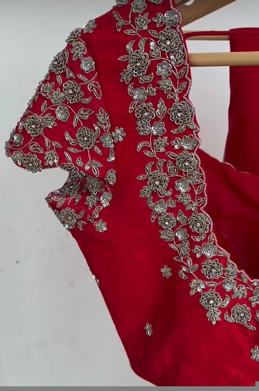 Red Silk Zardosi Embroidered Saree Blouse: Hand-Embroidered Maggam Work,red saree blouse,plus size blouses,mix and match blouses,red blouse