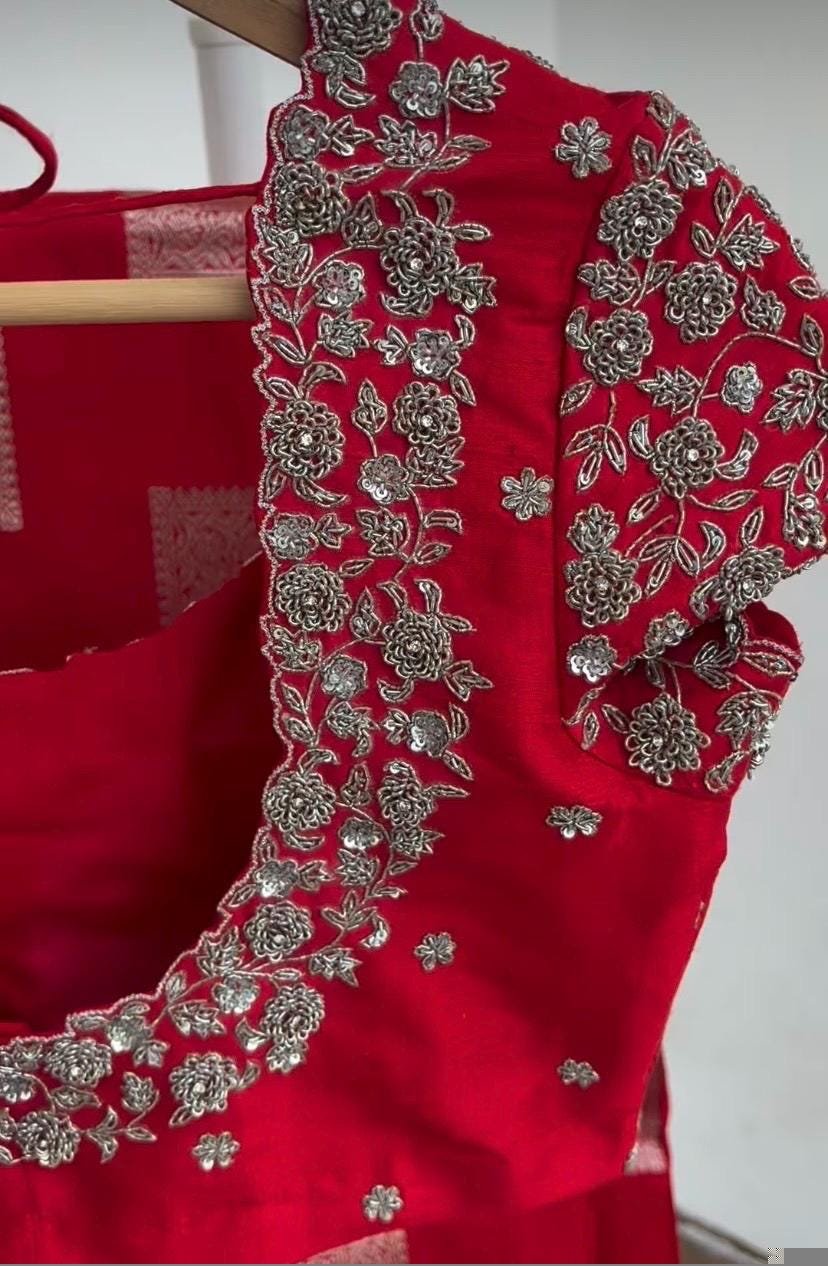 Red Silk Zardosi Embroidered Saree Blouse: Hand-Embroidered Maggam Work,red saree blouse,plus size blouses,mix and match blouses,red blouse