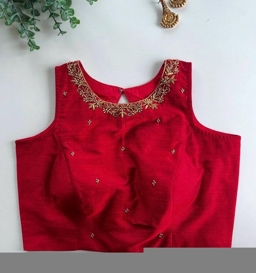pure silk hand embroidery blouse /red maggam blouse/red raw silk zardosi blouse/hand embroidered blouse/red sleeveless ready made blouse usa