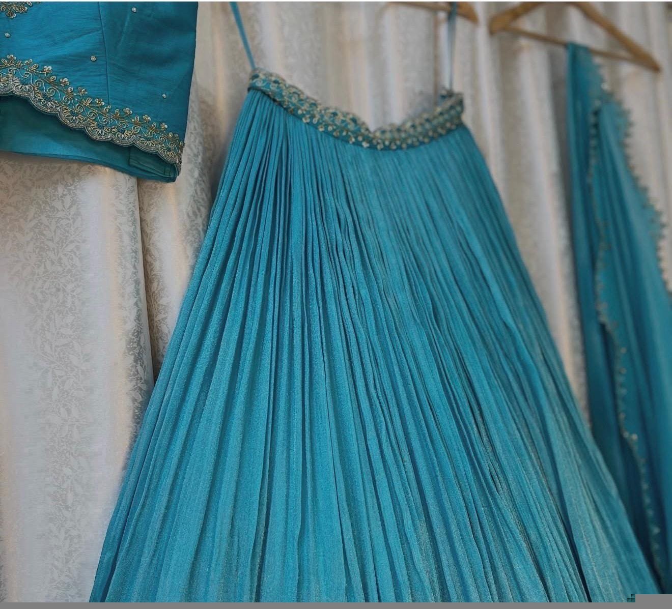 Hand Embroidered Kalamkari Lehenga Set/blue Silk Crop Top, Tissue Dupatta, half saree lehenga, teens Lehenga,tissue lehenga set,wedding dres