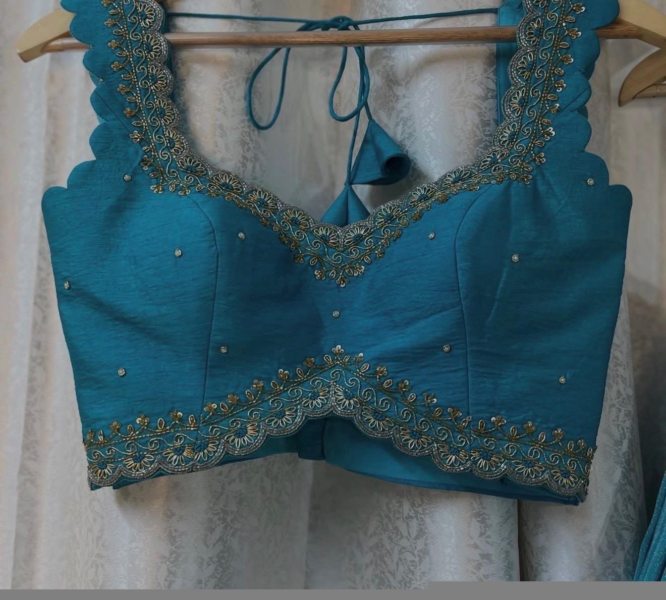 Hand Embroidered Kalamkari Lehenga Set/blue Silk Crop Top, Tissue Dupatta, half saree lehenga, teens Lehenga,tissue lehenga set,wedding dres
