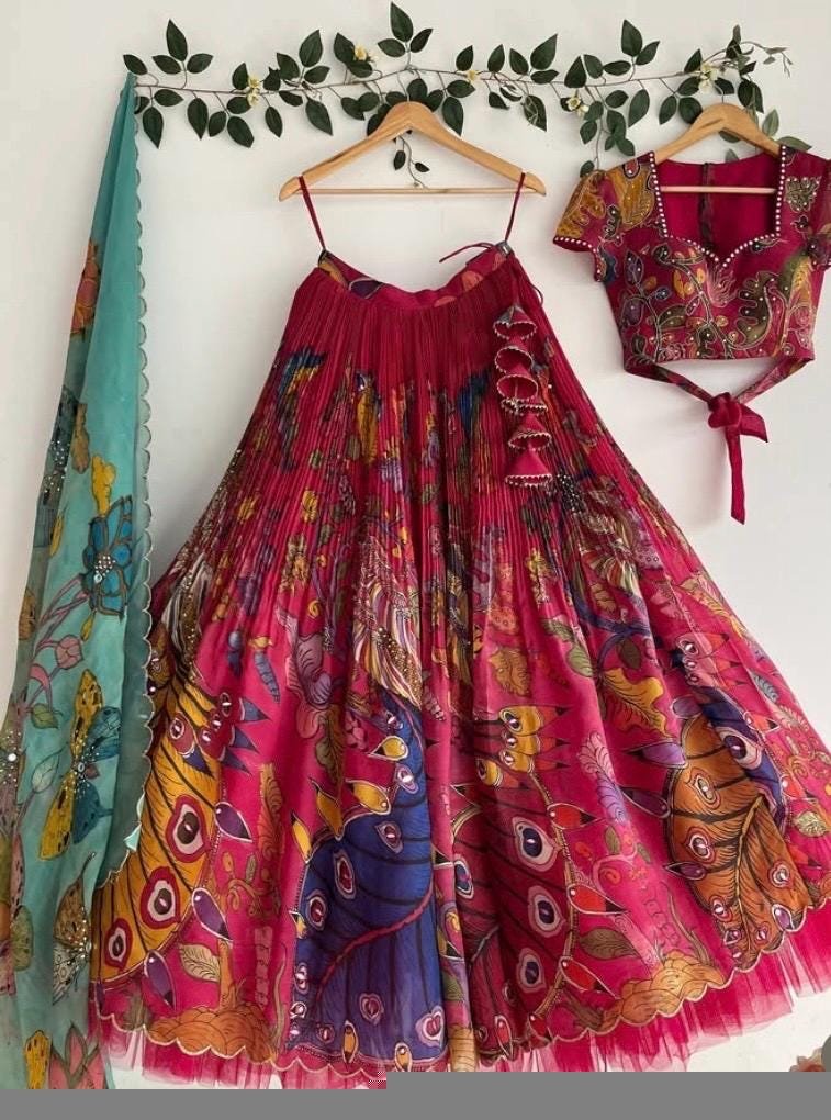 Hand-Painted Kalamkari Lehenga Set/Pink Silk Crop Top,Blue Dupatta, Kalamkari lehenga set,hand painted lehenga set,kalamkari skirtset usa