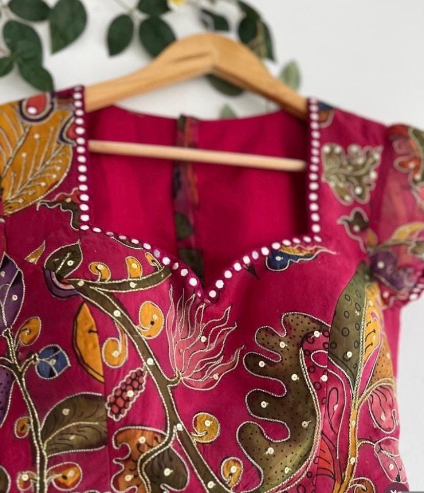 Hand-Painted Kalamkari Lehenga Set/Pink Silk Crop Top,Blue Dupatta, Kalamkari lehenga set,hand painted lehenga set,kalamkari skirtset usa