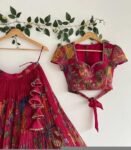 Hand-Painted Kalamkari Lehenga Set/Pink Silk Crop Top,Blue Dupatta, Kalamkari lehenga set,hand painted lehenga set,kalamkari skirtset usa