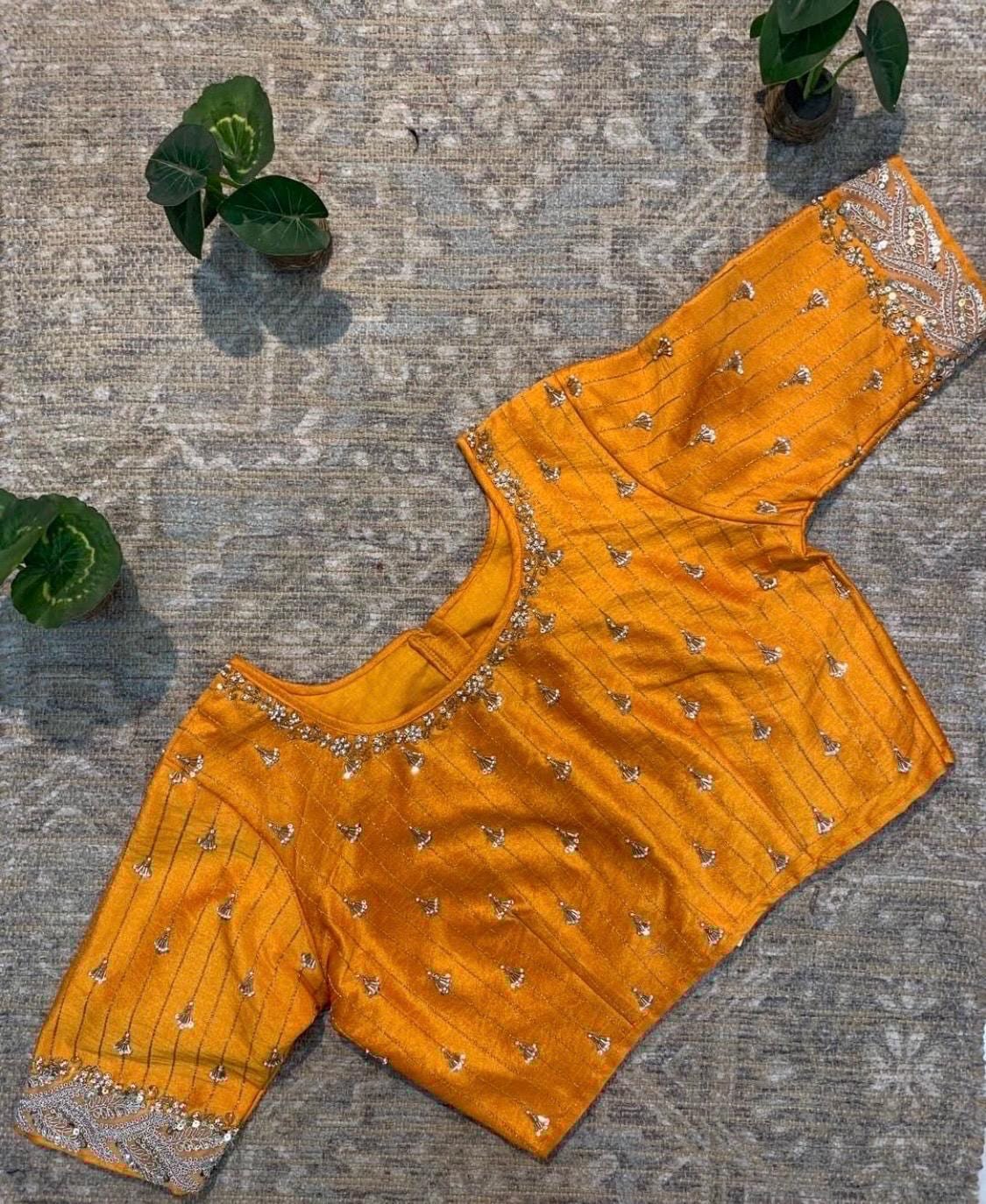 pure silk hand embroidery blouse/orange saree maggam blouse/raw silk zardosi blouse/hand embroidered blouse/ready made blouse/orange blouse