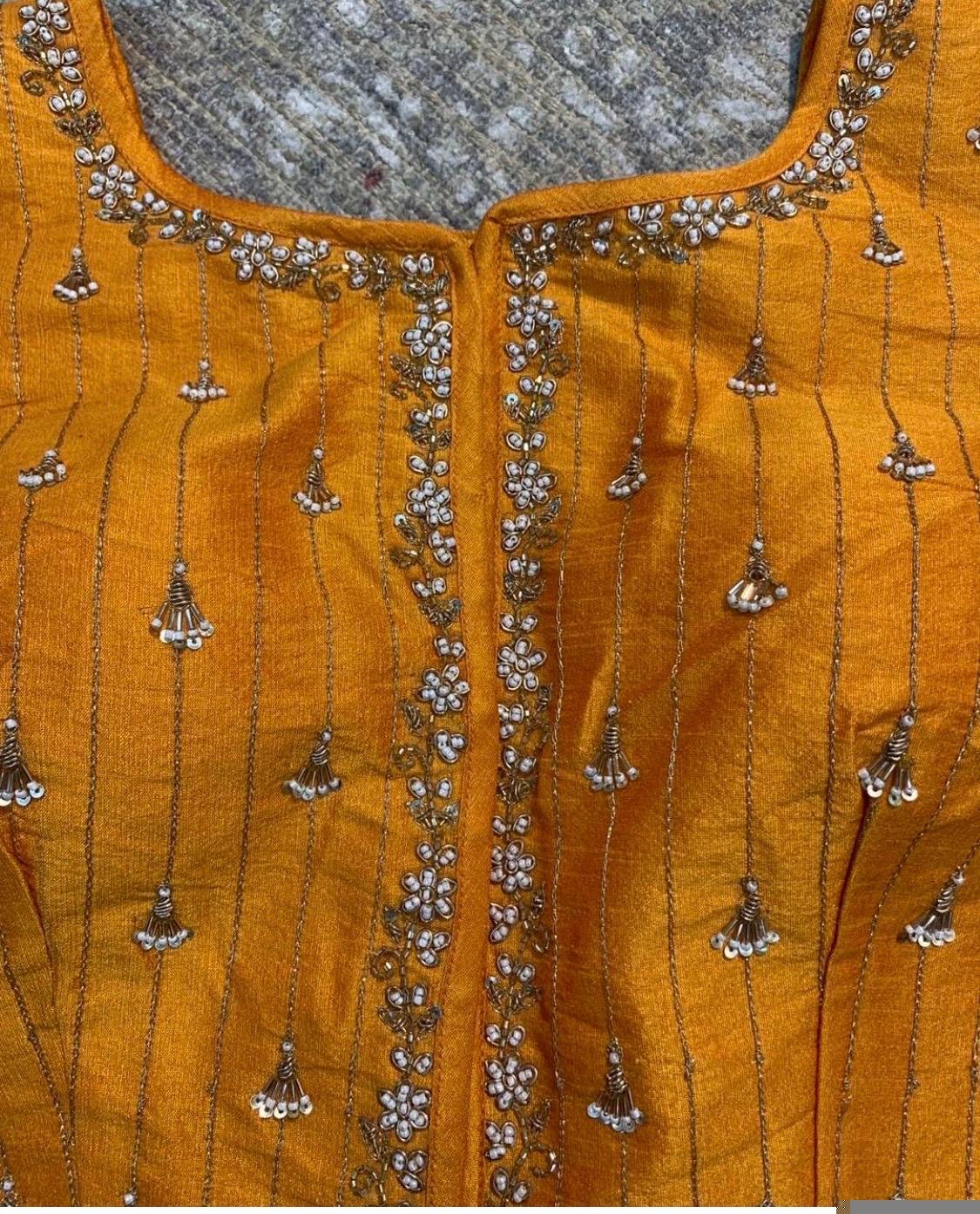 pure silk hand embroidery blouse/orange saree maggam blouse/raw silk zardosi blouse/hand embroidered blouse/ready made blouse/orange blouse
