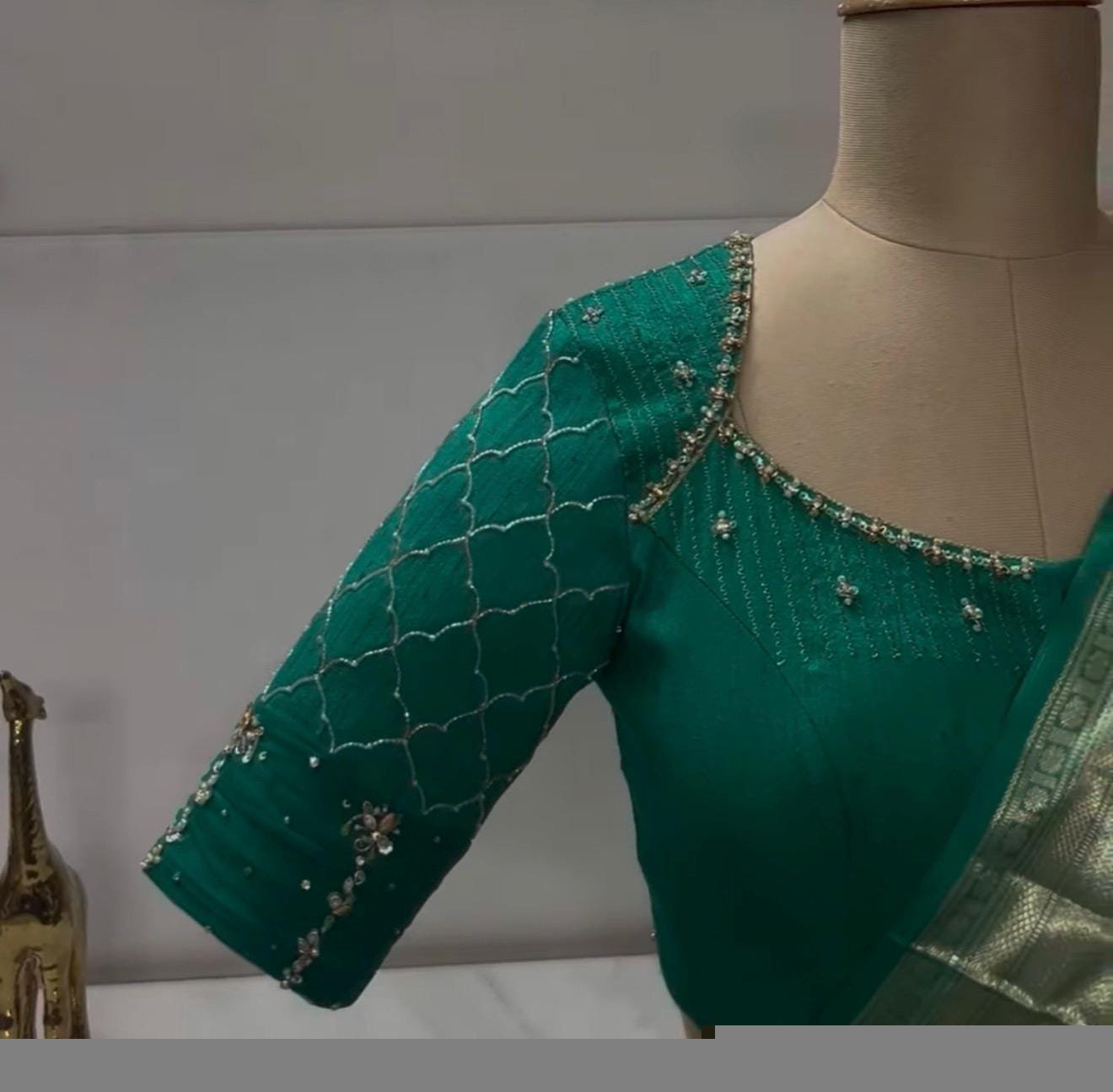 Hand Embroidered Zardosi Silk Blouse: Green Maggam Work, Elbow Sleeve,Rama green blouse,modern blouse,handwork blouse,plus size blouse, USA