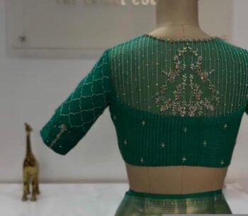 Hand Embroidered Zardosi Silk Blouse: Green Maggam Work, Elbow Sleeve,Rama green blouse,modern blouse,handwork blouse,plus size blouse,