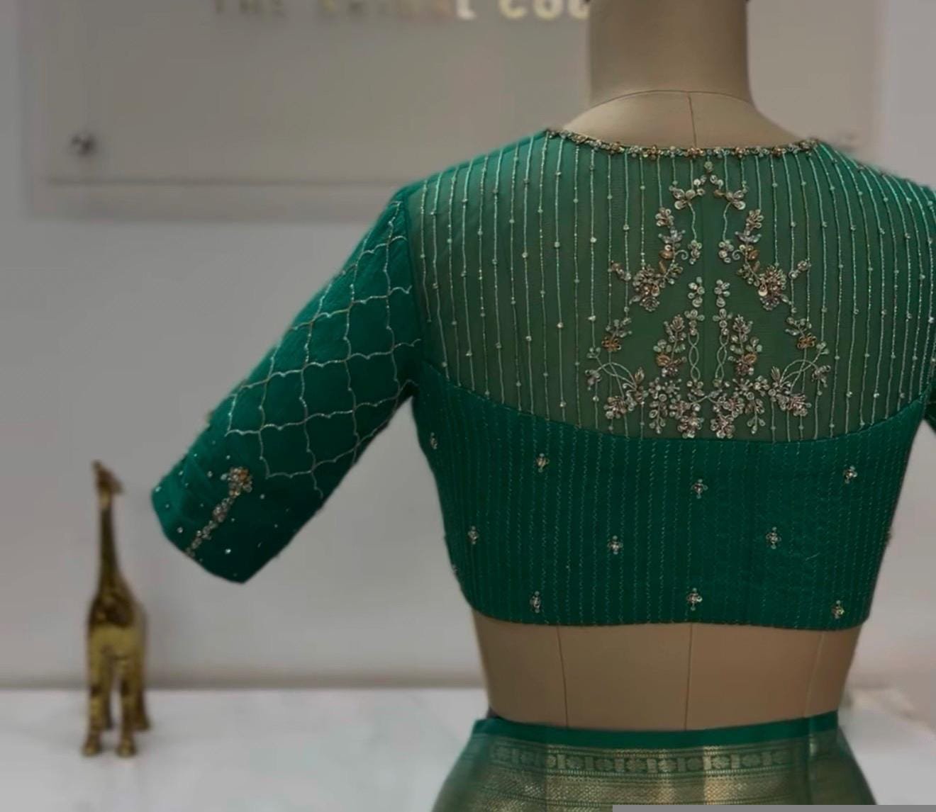 Hand Embroidered Zardosi Silk Blouse: Green Maggam Work, Elbow Sleeve,Rama green blouse,modern blouse,handwork blouse,plus size blouse, USA
