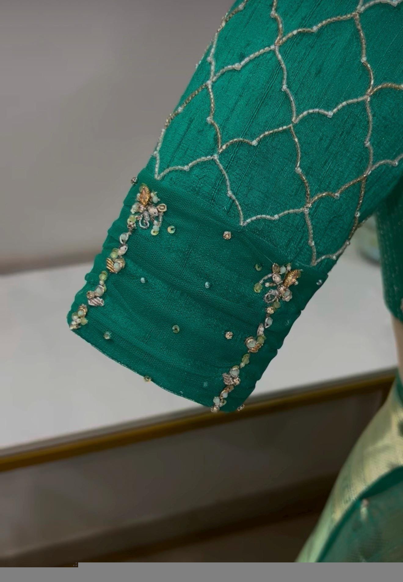 Hand Embroidered Zardosi Silk Blouse: Green Maggam Work, Elbow Sleeve,Rama green blouse,modern blouse,handwork blouse,plus size blouse, USA