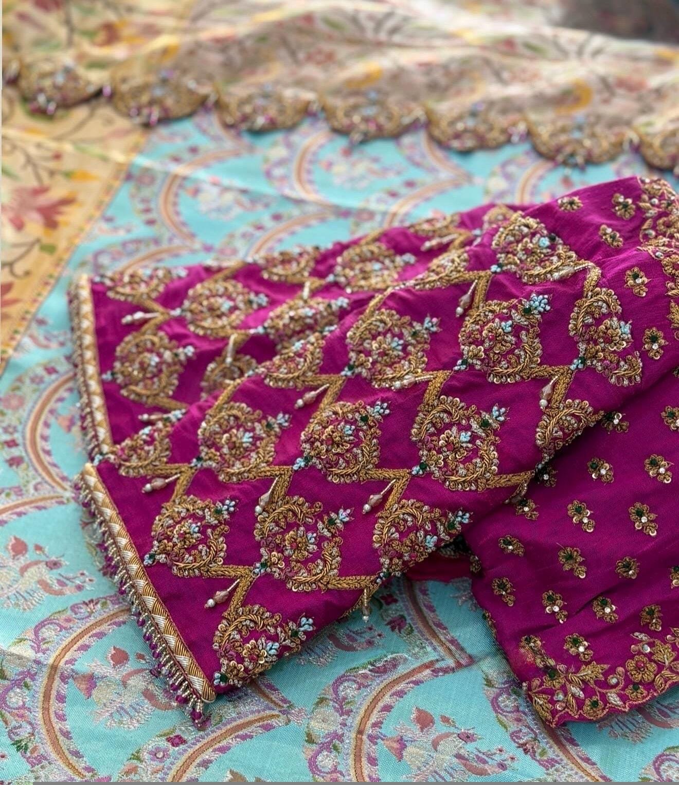Hand Embroidered Silk Zardosi Blouse: Magenta Pink Maggam Work, pink hand work blouse , pink saree blouse, zardosi blouses , mix and match