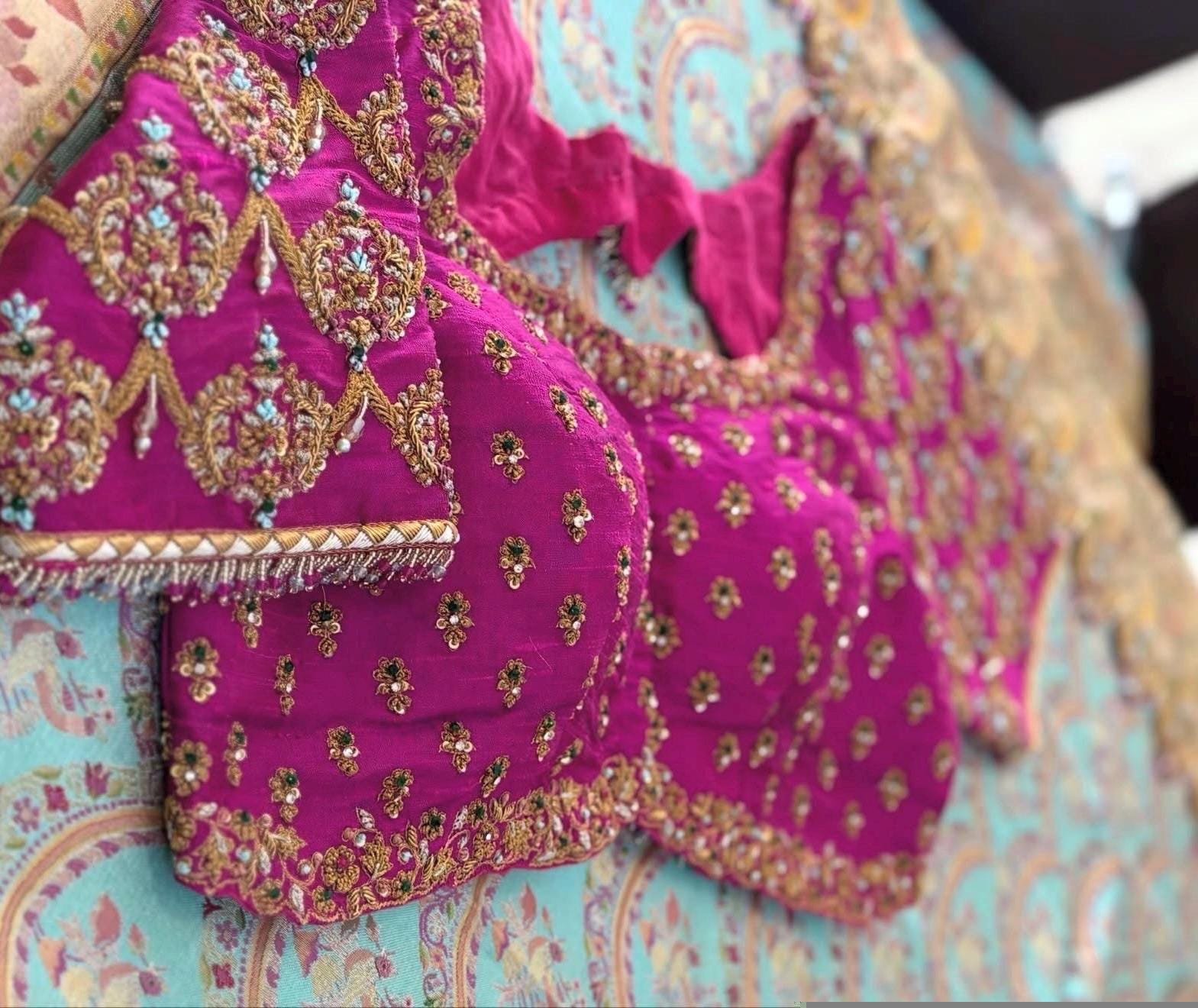 Hand Embroidered Silk Zardosi Blouse: Magenta Pink Maggam Work, pink hand work blouse , pink saree blouse, zardosi blouses , mix and match