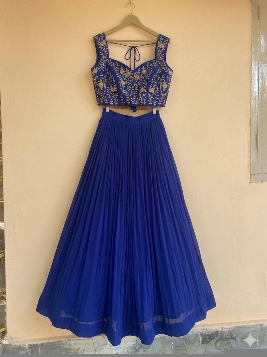 Green Lehenga Set: Hand Embroidered Silk Crop Top Skirt, blue lehenga set, cape lehenga set,teens lehenga,wedding lehenga,green hand work bl