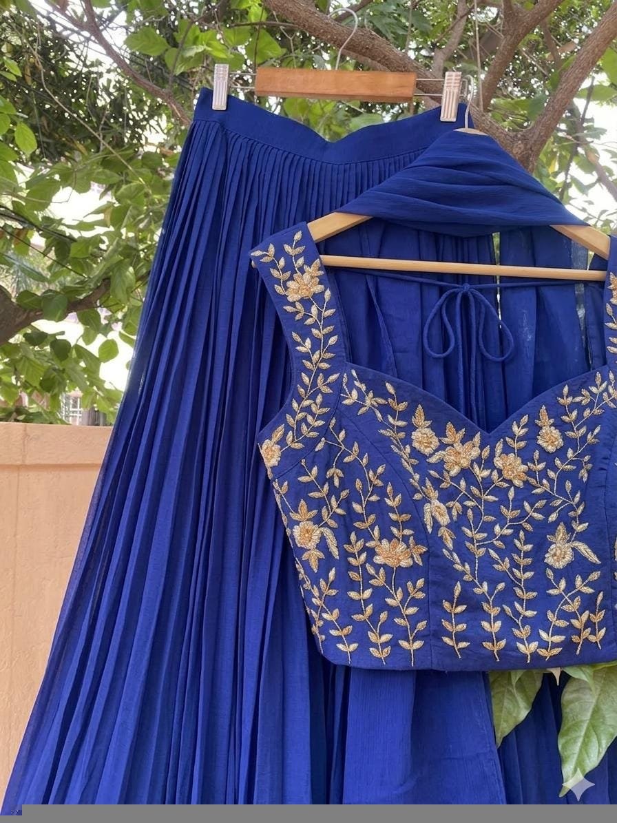 Green Lehenga Set: Hand Embroidered Silk Crop Top Skirt, blue lehenga set, cape lehenga set,teens lehenga,wedding lehenga,green hand work bl