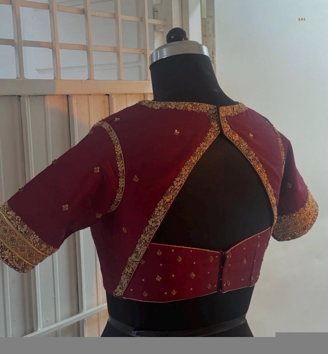 pure silk hand embroidery blouse/saree maggam blouse/red zardosi blouse/maroon red hand embroidered blouse/darkred ready made blouse zardosi