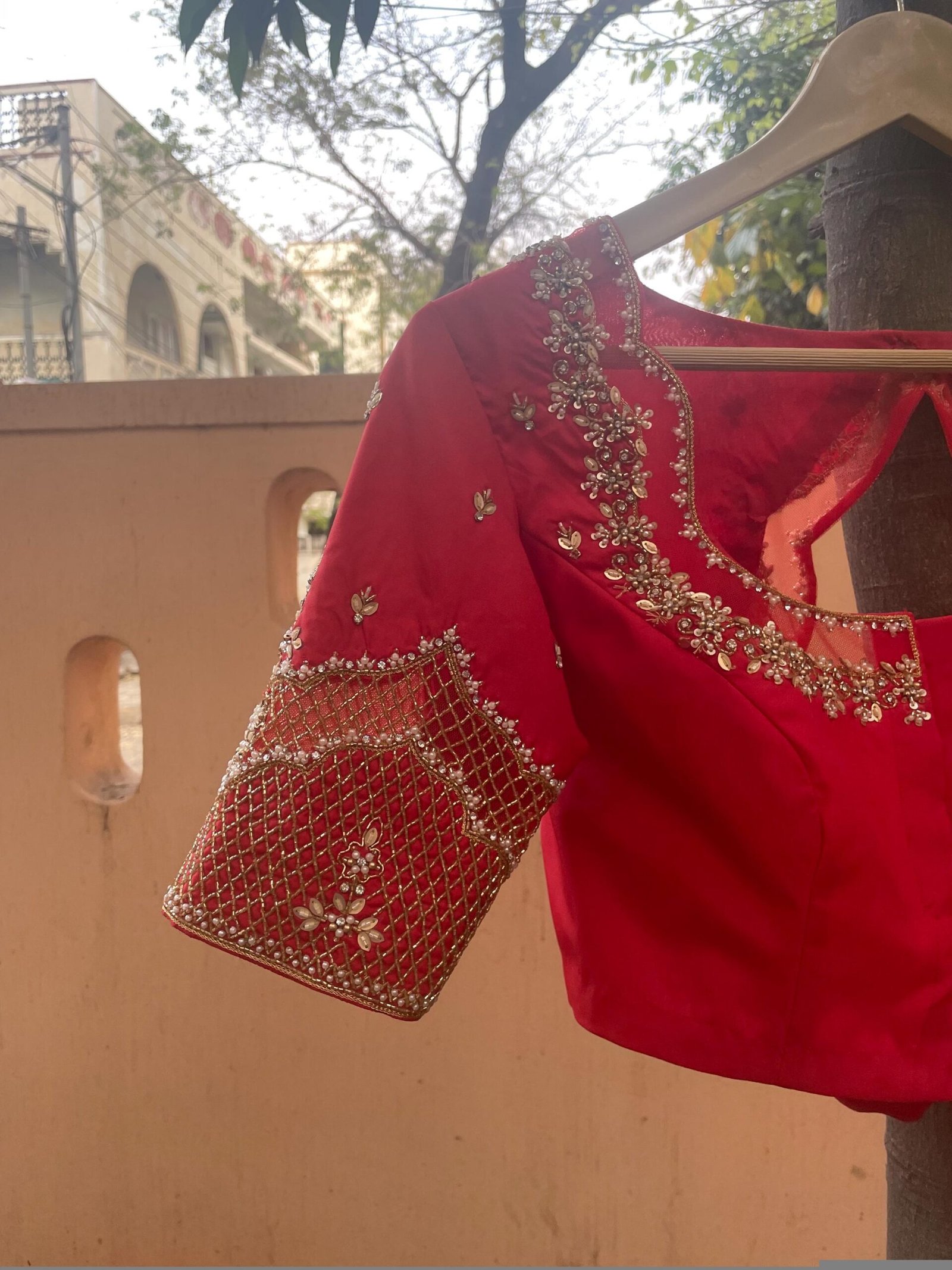 Hand Embroidered Zardosi Silk Blouse: Maroon Red Saree Top