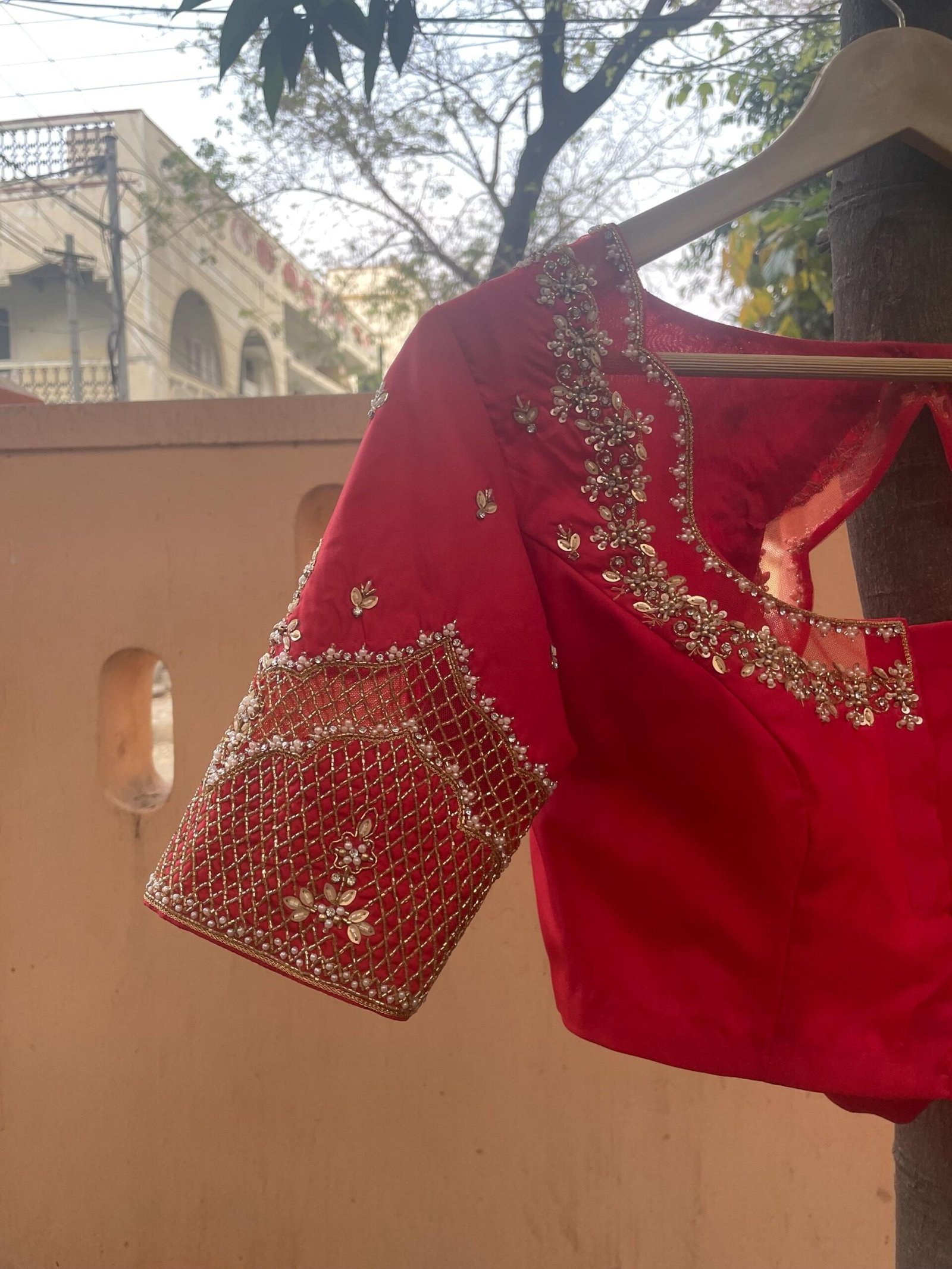 Hand Embroidered Zardosi Silk Blouse: Maroon Red Saree Top