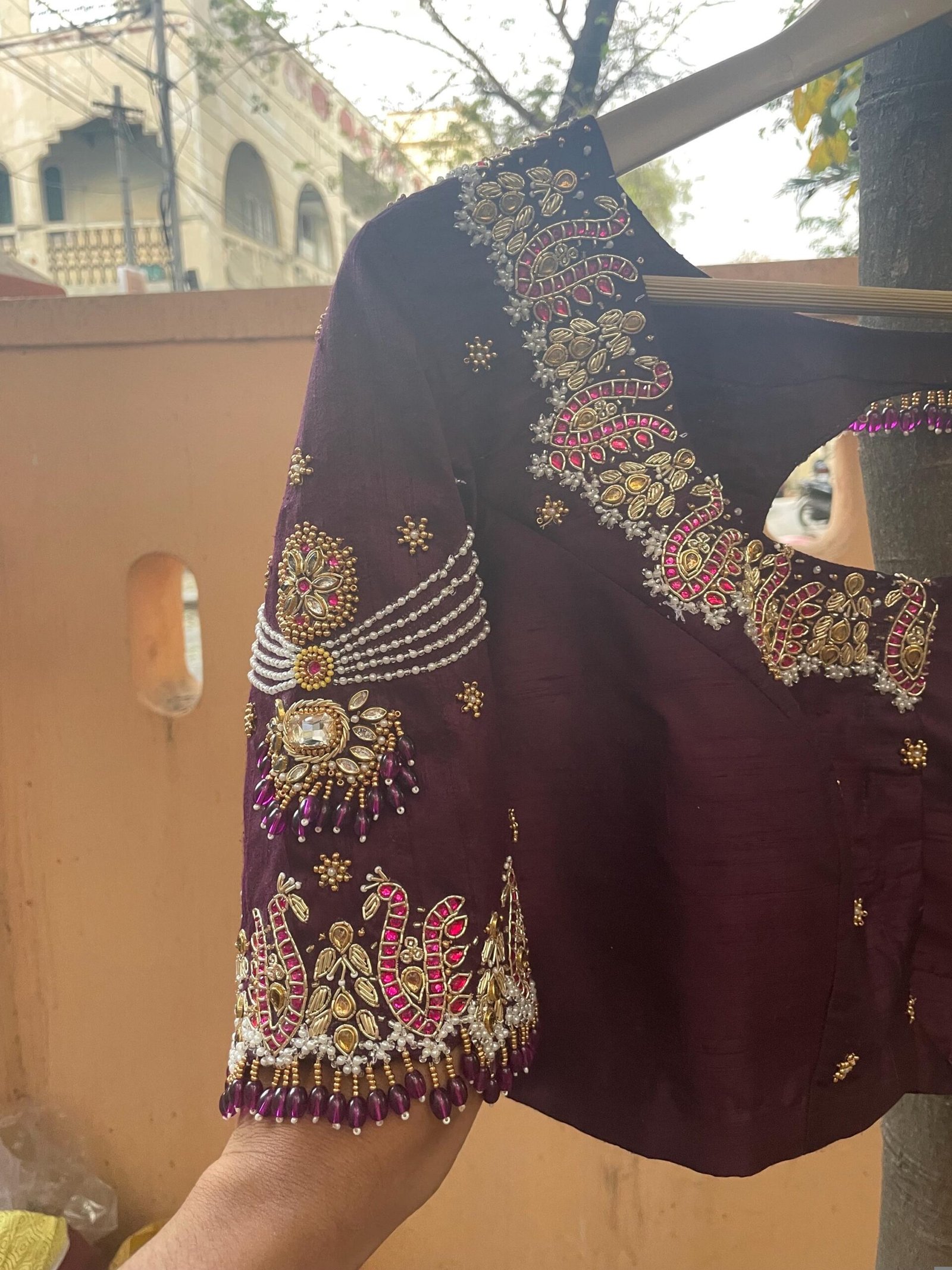 pure silk hand embroidery blouse/neck maggam blouse/brown zardosi blouse/plum hand embroidered blouse/brown hand work ready made blouse USA
