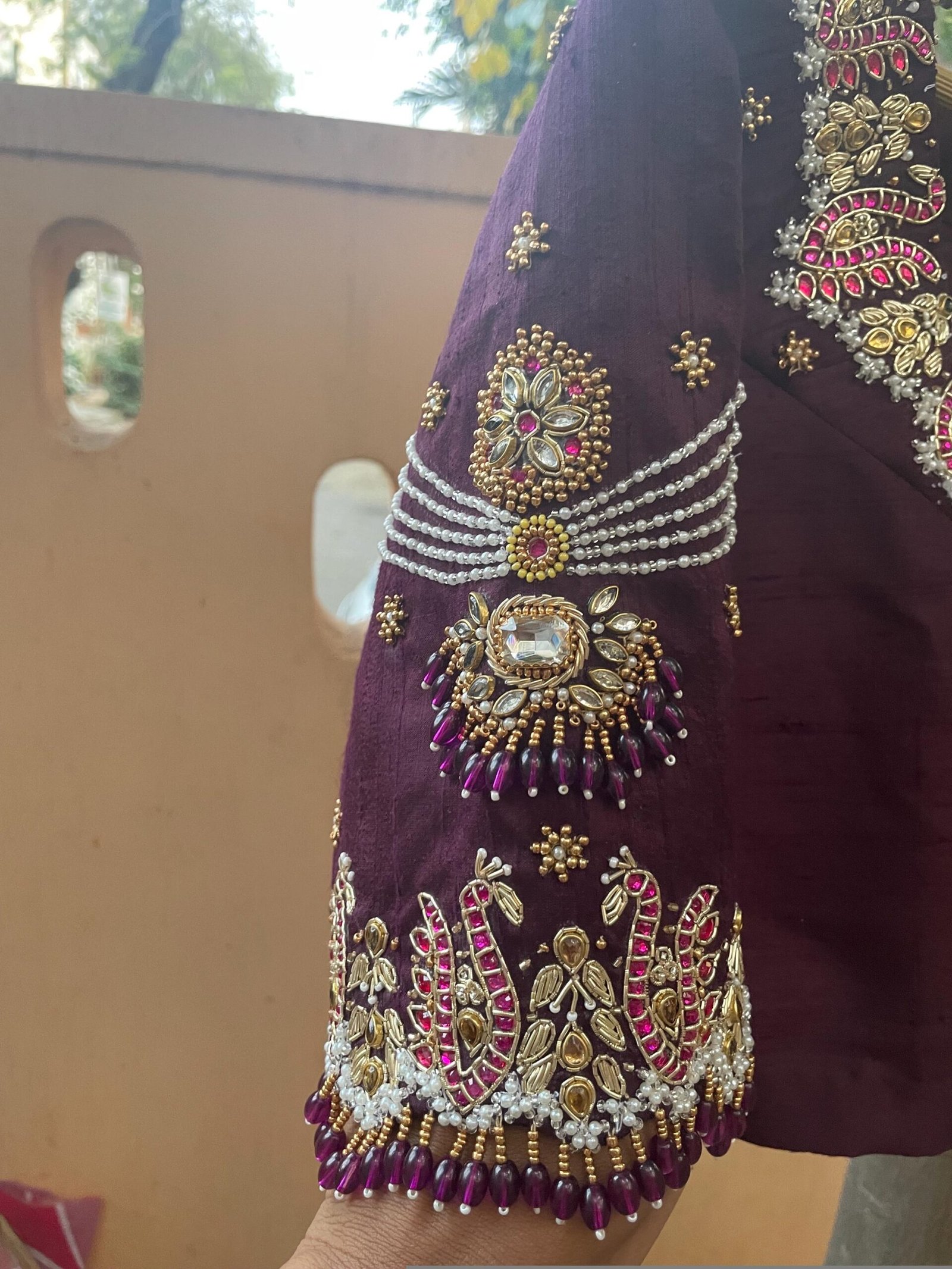 pure silk hand embroidery blouse/neck maggam blouse/brown zardosi blouse/plum hand embroidered blouse/brown hand work ready made blouse USA