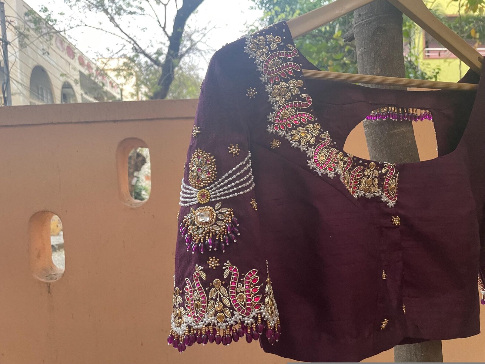 pure silk hand embroidery blouse/neck maggam blouse/brown zardosi blouse/plum hand embroidered blouse/brown hand work ready made blouse USA