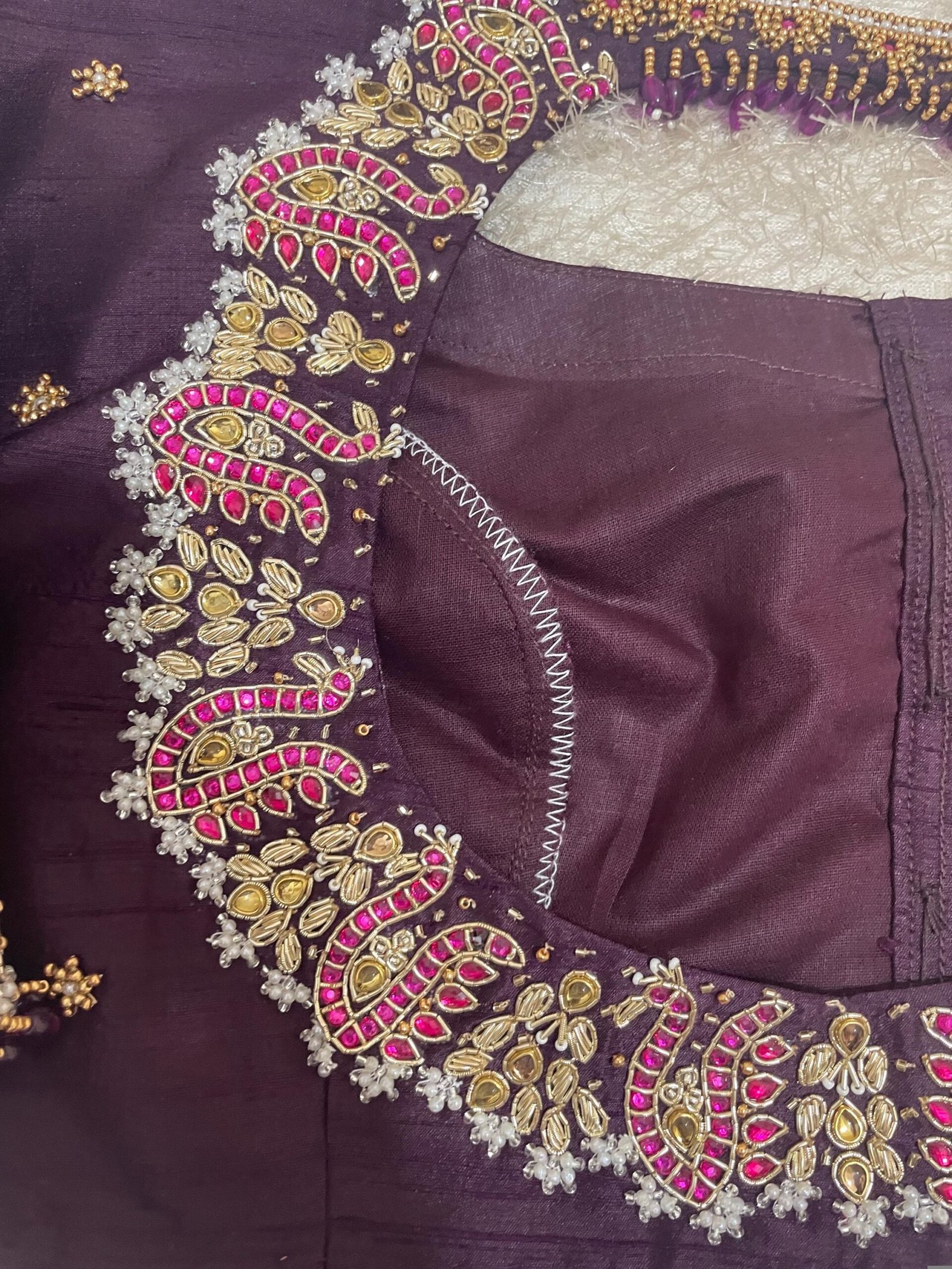 pure silk hand embroidery blouse/neck maggam blouse/brown zardosi blouse/plum hand embroidered blouse/brown hand work ready made blouse USA