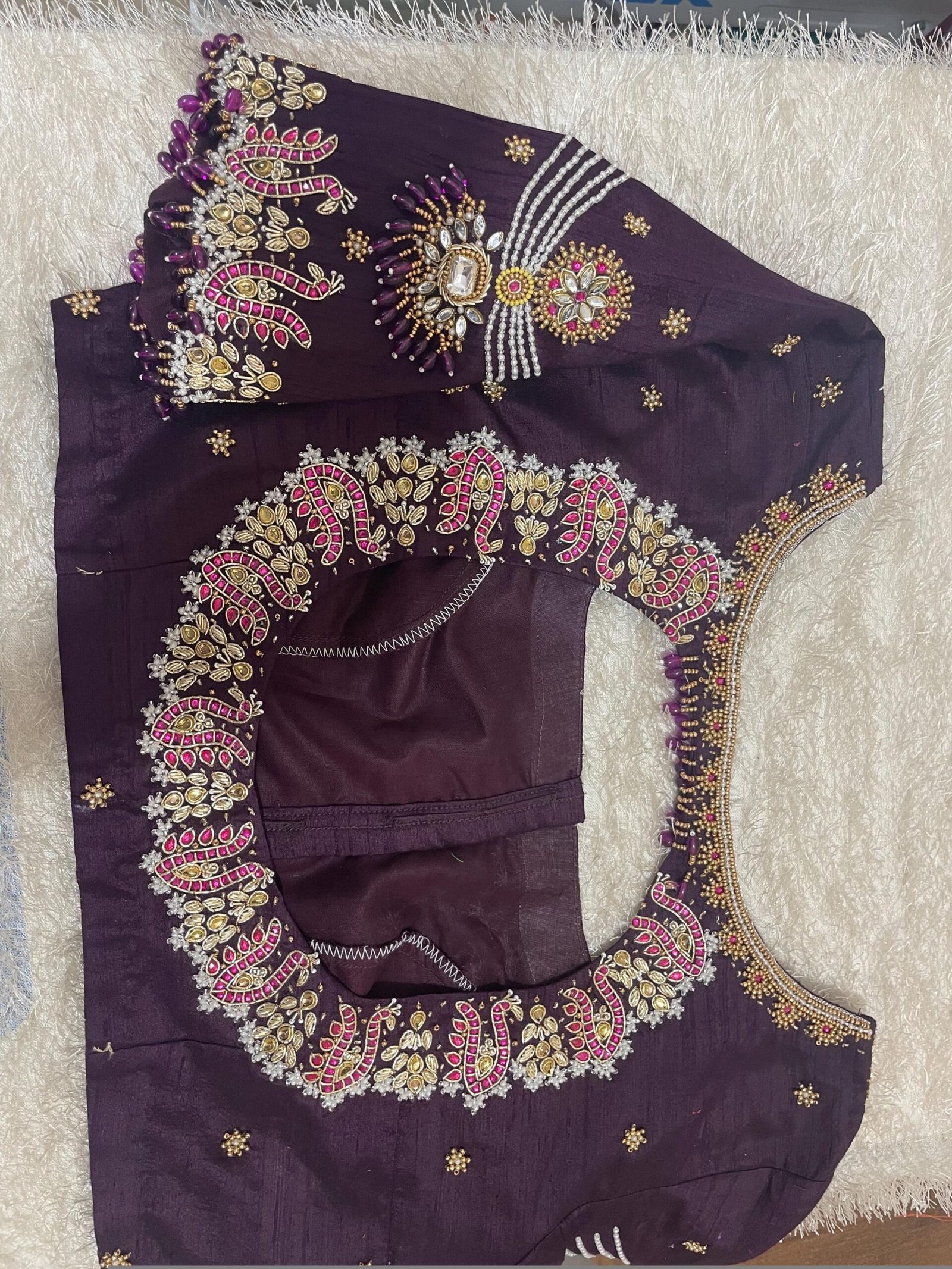 pure silk hand embroidery blouse/neck maggam blouse/brown zardosi blouse/plum hand embroidered blouse/brown hand work ready made blouse USA
