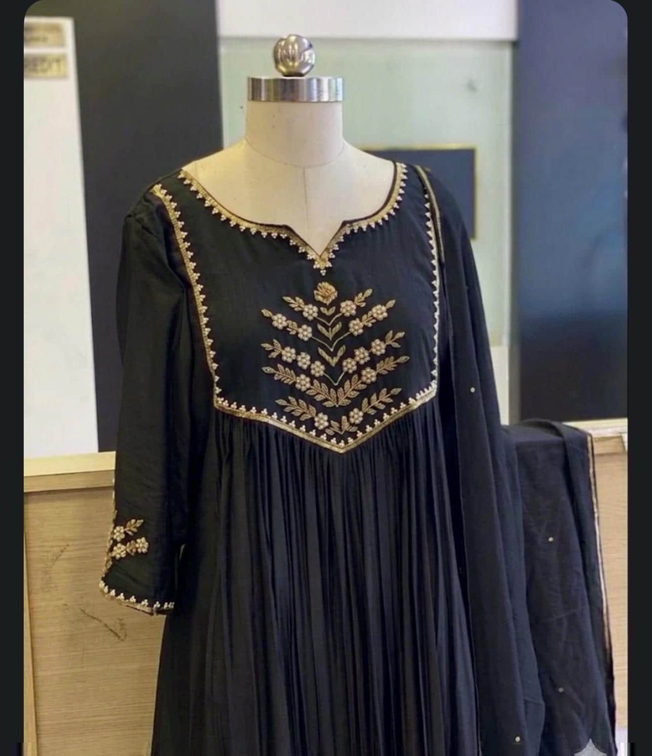 Hand Embroidered Anarkali Dress: Lavender Indian Suit with Dupatta,black anarkali dress,black indian kurta with dupatta,handwork kurta set