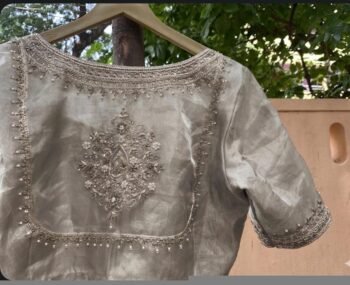 Pure Silk Saree Blouse:Golden Zardosi Hand Embroidery, Elbow Sleeve,golden tissue blouse,handwork blouse,silver blouse,golden blouse