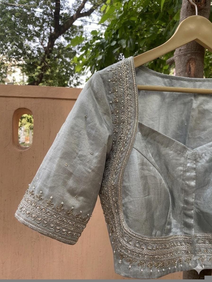 Pure Silk Saree Blouse:Golden Zardosi Hand Embroidery, Elbow Sleeve,golden tissue blouse,handwork blouse,silver blouse,golden blouse USA