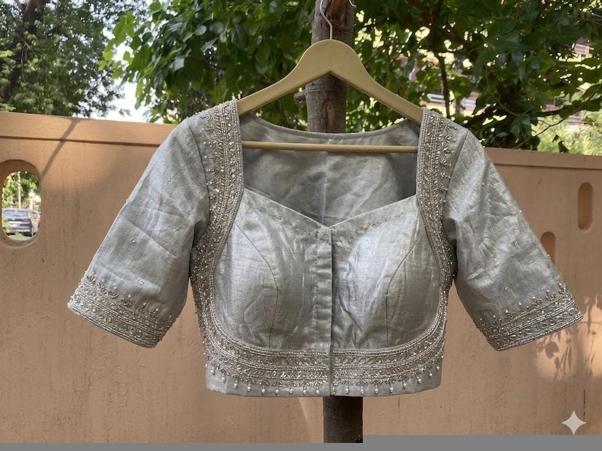 Pure Silk Saree Blouse:Golden Zardosi Hand Embroidery, Elbow Sleeve,golden tissue blouse,handwork blouse,silver blouse,golden blouse USA