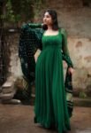 Green Georgette Anarkali Suit: Hand Embroidered Indian Dress with Dupatta,green anarkali bandhani dupatta,handwork dress with handloodupatta