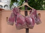 Blush Pink Velvet Saree Blouse: Hand Embroidered Zardosi Maggam Work,light pink velvet blouse,muave pink blouse,potli bag,handwork blouse