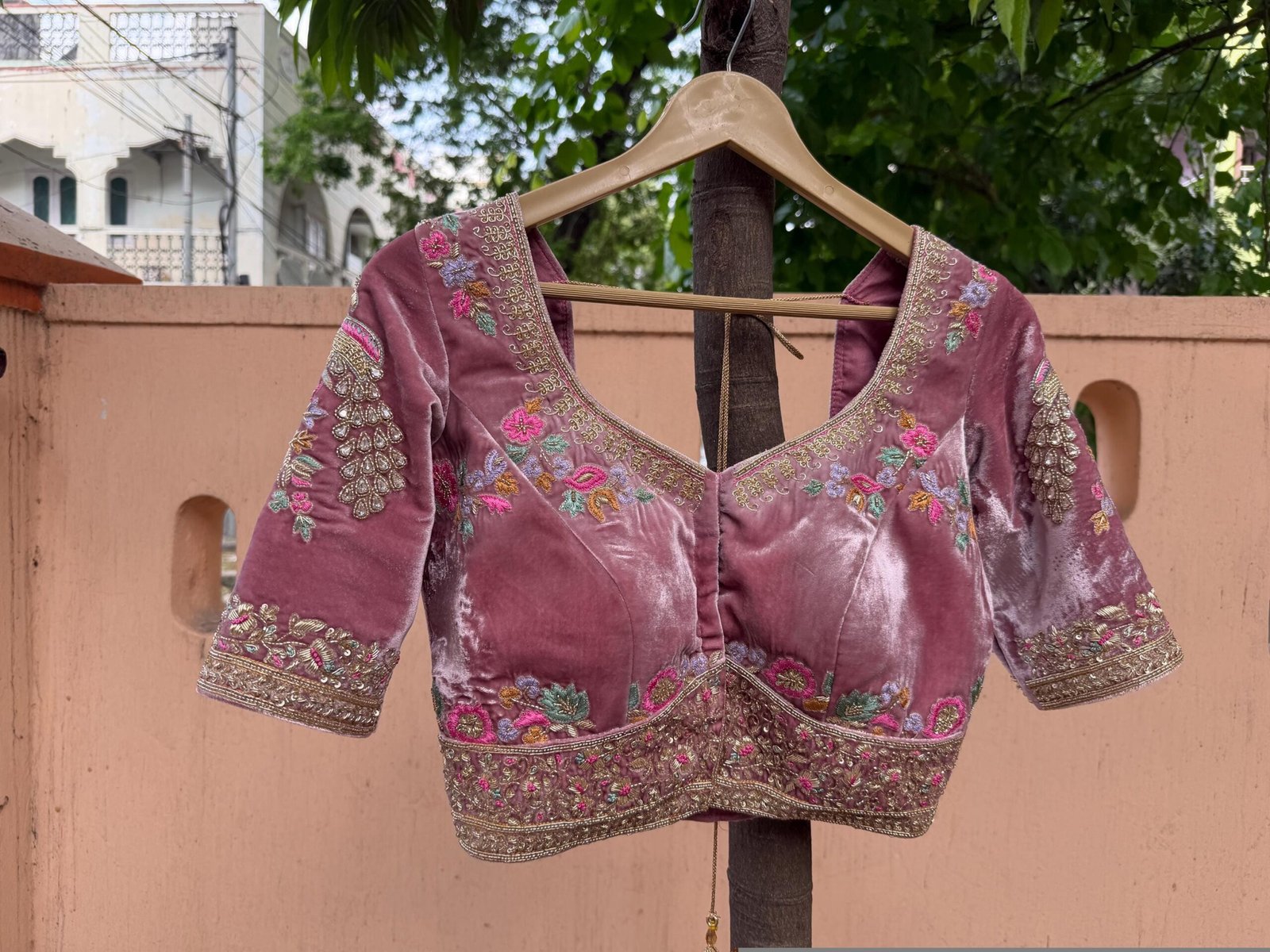 Blush Pink Velvet Saree Blouse: Hand Embroidered Zardosi Maggam Work,light pink velvet blouse,muave pink blouse,potli bag,handwork blouse