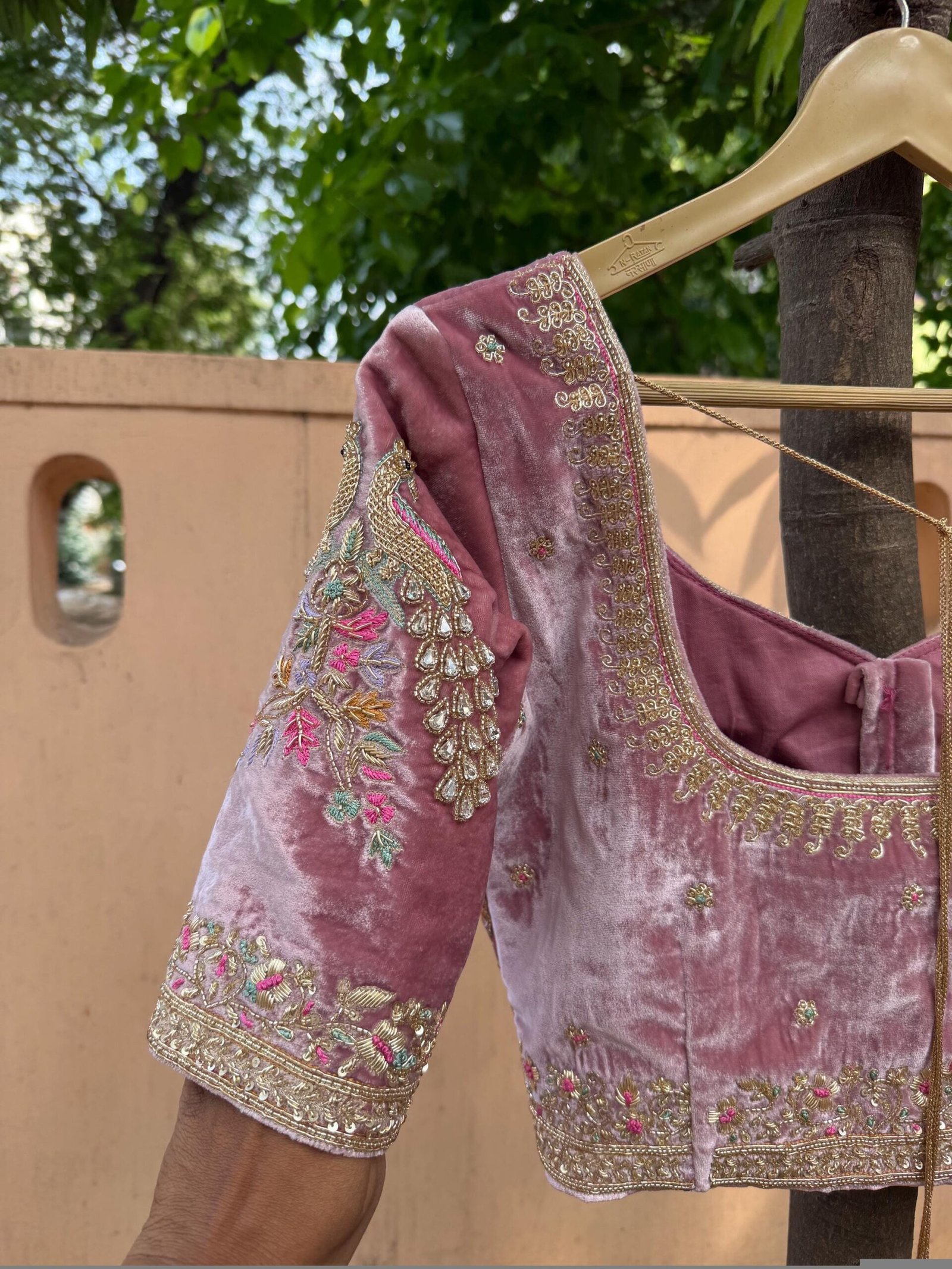 Blush Pink Velvet Saree Blouse: Hand Embroidered Zardosi Maggam Work,light pink velvet blouse,muave pink blouse,potli bag,handwork blouse