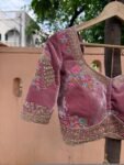 Blush Pink Velvet Saree Blouse: Hand Embroidered Zardosi Maggam Work,light pink velvet blouse,muave pink blouse,potli bag,handwork blouse