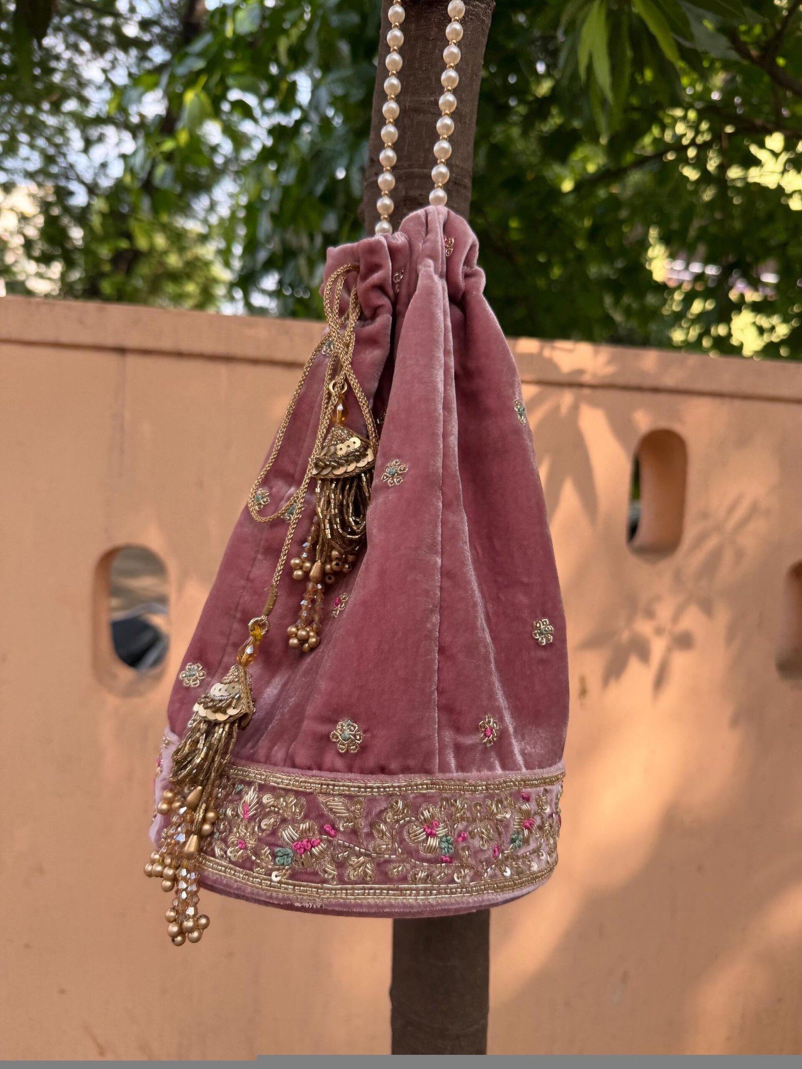 Blush Pink Velvet Saree Blouse: Hand Embroidered Zardosi Maggam Work,light pink velvet blouse,muave pink blouse,potli bag,handwork blouse