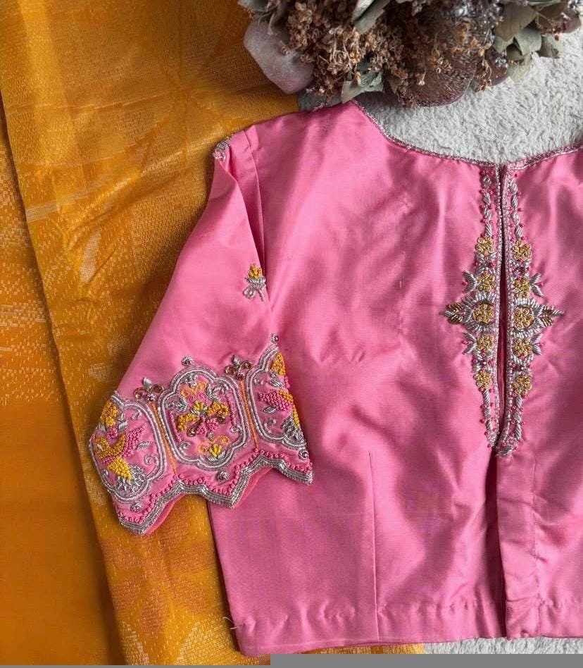 pure silk hand embroidery blouse/light pink maggam blouse/pink hand embroidered blouse/pink ready made blouse zardosi/pink lavender blouse