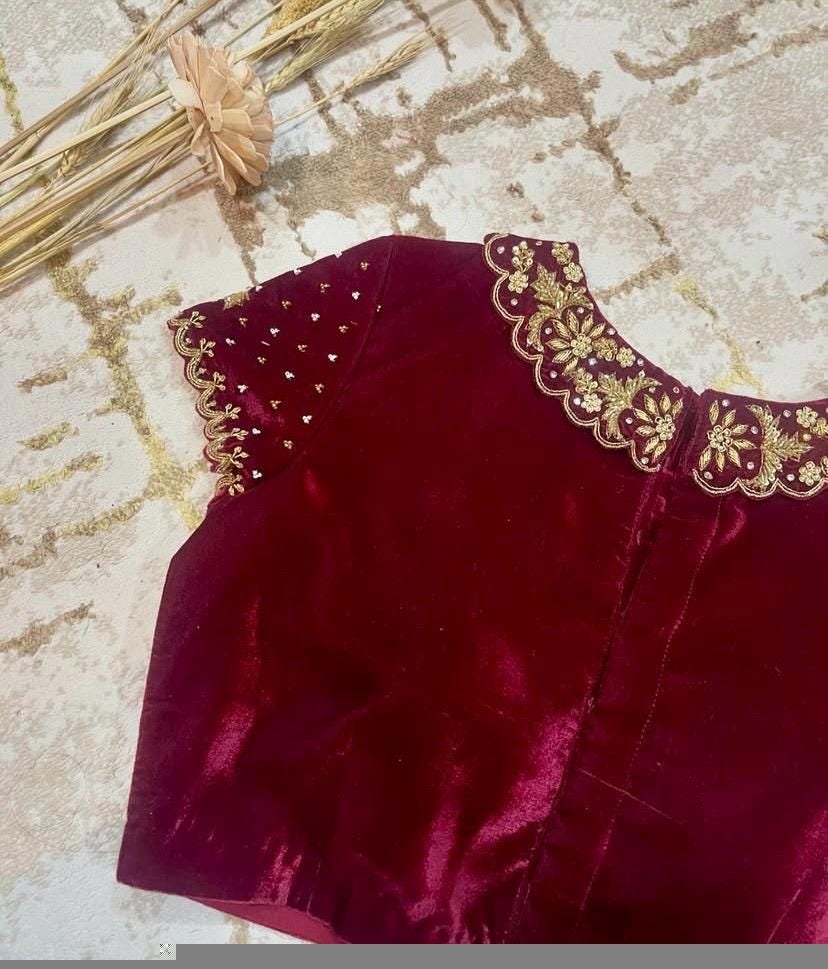pure velvet hand embroidery blouse/collar maggam blouse/Peter Pan collar blouse/velvet hand embroidered blouse/burgundy ready made blouse us